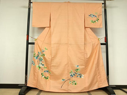 平和屋着物▽訪問着　単衣　紬地　友禅　枝花文　正絹　逸品　AABL3909jh