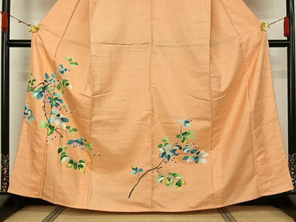 平和屋着物▽訪問着　単衣　紬地　友禅　枝花文　正絹　逸品　AABL3909jh