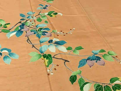 平和屋着物▽訪問着　単衣　紬地　友禅　枝花文　正絹　逸品　AABL3909jh