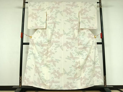 平和屋着物▽お召　単衣　舞蝶文　正絹　逸品　AABL3913jh