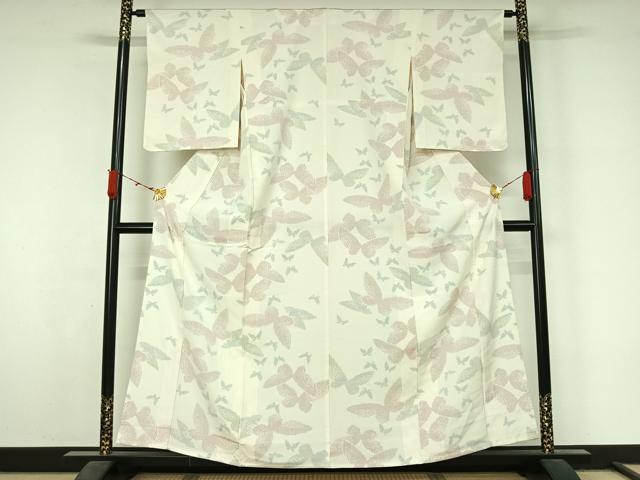平和屋着物▽お召　単衣　舞蝶文　正絹　逸品　AABL3913jh