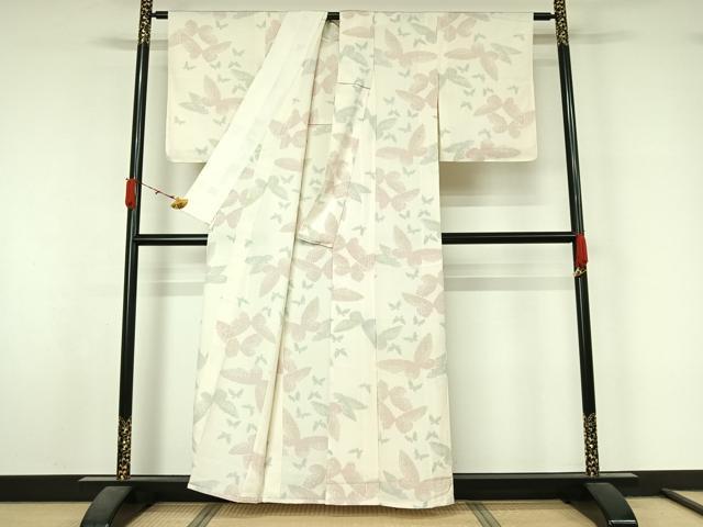 平和屋着物▽お召　単衣　舞蝶文　正絹　逸品　AABL3913jh