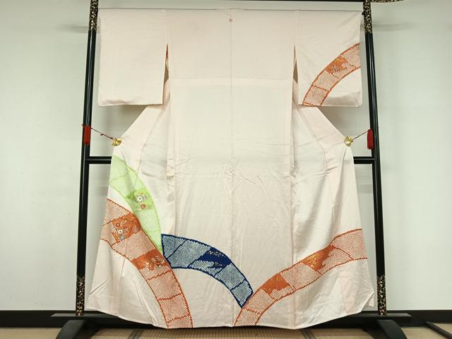 平和屋着物▽訪問着　単衣　絞り　刺繍　草花文　金彩　正絹　逸品　AABL3915jh