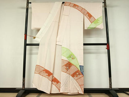 平和屋着物▽訪問着　単衣　絞り　刺繍　草花文　金彩　正絹　逸品　AABL3915jh