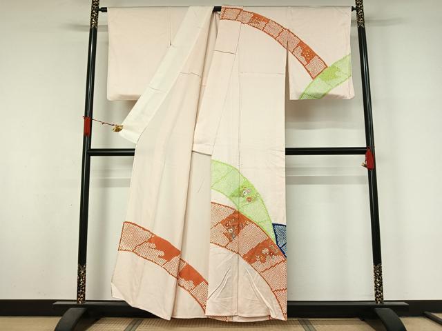 平和屋着物▽訪問着　単衣　絞り　刺繍　草花文　金彩　正絹　逸品　AABL3915jh