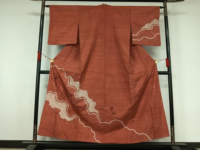 平和屋着物▽西陣　宮階織物　宮繍苑　里葉　訪問着　単衣　紬地　絞り　唐草文　正絹　逸品　AABL3916jh
