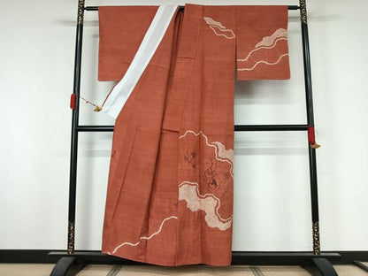平和屋着物▽西陣　宮階織物　宮繍苑　里葉　訪問着　単衣　紬地　絞り　唐草文　正絹　逸品　AABL3916jh