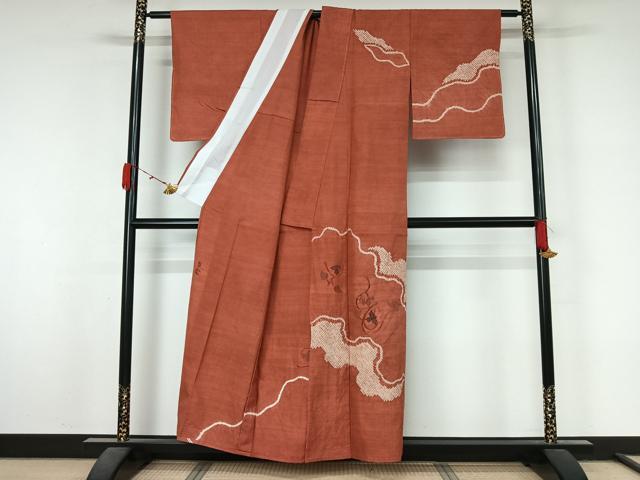 平和屋着物▽西陣　宮階織物　宮繍苑　里葉　訪問着　単衣　紬地　絞り　唐草文　正絹　逸品　AABL3916jh