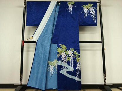 平和屋着物▽訪問着　単衣　流水地紋　銀彩　洗える着物　AABL3920jh