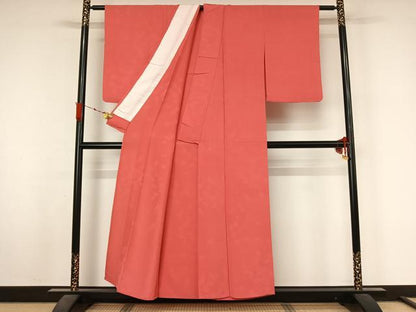 平和屋着物▽上質な色無地　単衣　舞葉地紋　桃色　正絹　逸品　AABL3922jh