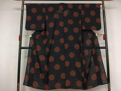 平和屋着物▽結城ちぢみ　単衣　丸文　正絹　逸品　AABL3925jh
