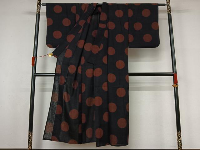 平和屋着物▽結城ちぢみ　単衣　丸文　正絹　逸品　AABL3925jh