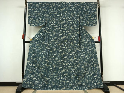 平和屋着物▽上質な小紋　単衣　型染め　草花文　鬼しぼ縮緬　正絹　逸品　AABL3934jh