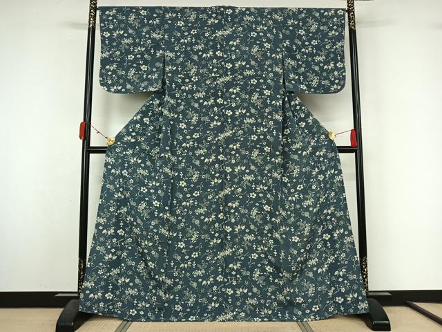 平和屋着物▽上質な小紋　単衣　型染め　草花文　鬼しぼ縮緬　正絹　逸品　AABL3934jh
