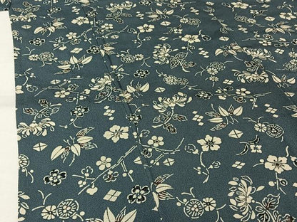 平和屋着物▽上質な小紋　単衣　型染め　草花文　鬼しぼ縮緬　正絹　逸品　AABL3934jh