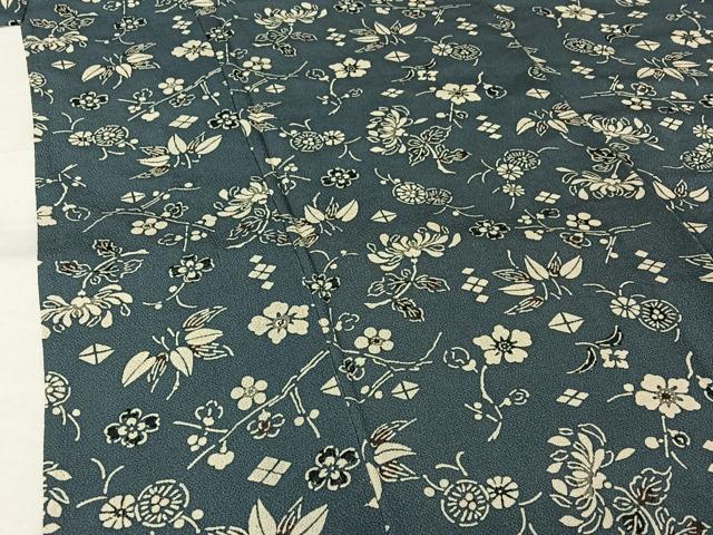 平和屋着物▽上質な小紋　単衣　型染め　草花文　鬼しぼ縮緬　正絹　逸品　AABL3934jh