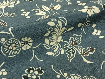平和屋着物▽上質な小紋　単衣　型染め　草花文　鬼しぼ縮緬　正絹　逸品　AABL3934jh