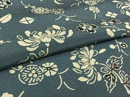 平和屋着物▽上質な小紋　単衣　型染め　草花文　鬼しぼ縮緬　正絹　逸品　AABL3934jh