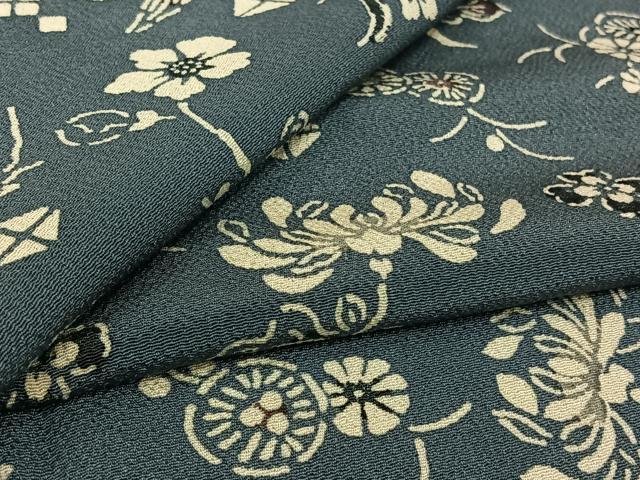 平和屋着物▽上質な小紋　単衣　型染め　草花文　鬼しぼ縮緬　正絹　逸品　AABL3934jh