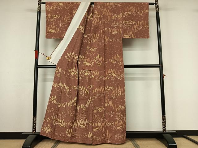 平和屋着物▽訪問着　単衣　紬地　ろうけつ染め　風景文　正絹　逸品　AABL3935jh