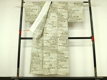 平和屋着物▽上質な紬　単衣　霞花文　正絹　逸品　AABL3936jh