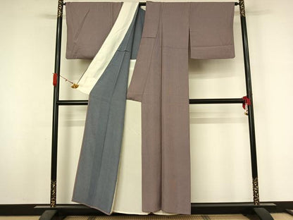 平和屋着物▽江戸小紋　単衣　万筋　白藤色×葡萄色　正絹　逸品　AABL3939jh