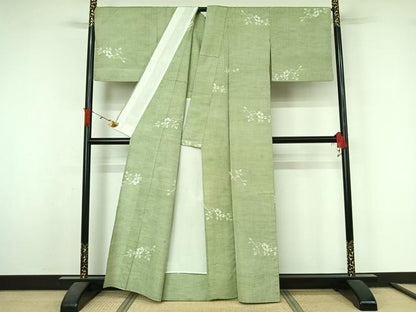 平和屋着物▽上質な紬　単衣　草花文　正絹　逸品　AABL3940jh