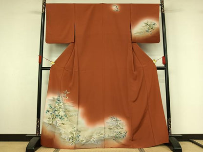 平和屋着物▽訪問着　単衣　手描き　流水花鳥文　暈し染め　金彩　正絹　逸品　AABL3941jh