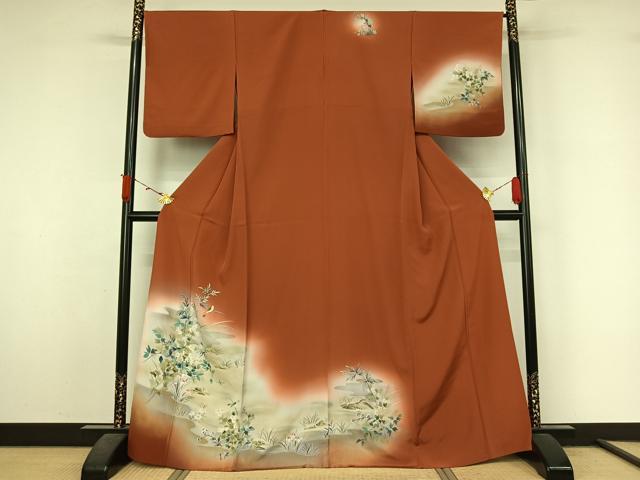 平和屋着物▽訪問着　単衣　手描き　流水花鳥文　暈し染め　金彩　正絹　逸品　AABL3941jh