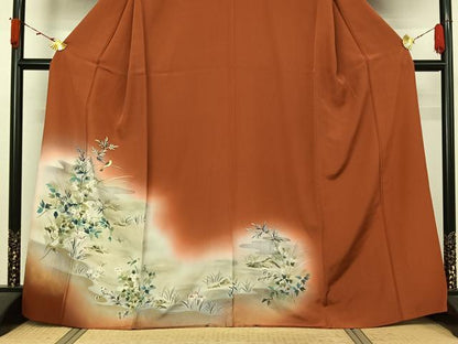 平和屋着物▽訪問着　単衣　手描き　流水花鳥文　暈し染め　金彩　正絹　逸品　AABL3941jh