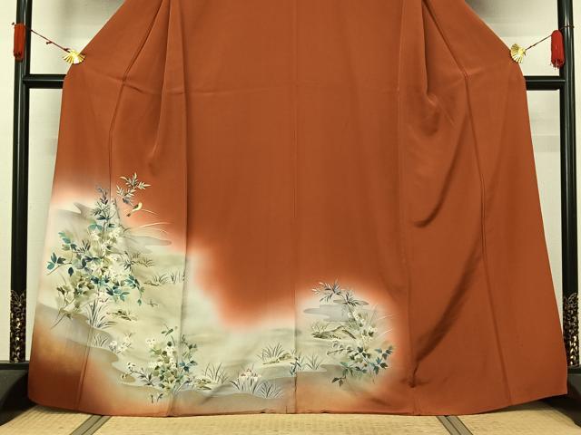 平和屋着物▽訪問着　単衣　手描き　流水花鳥文　暈し染め　金彩　正絹　逸品　AABL3941jh