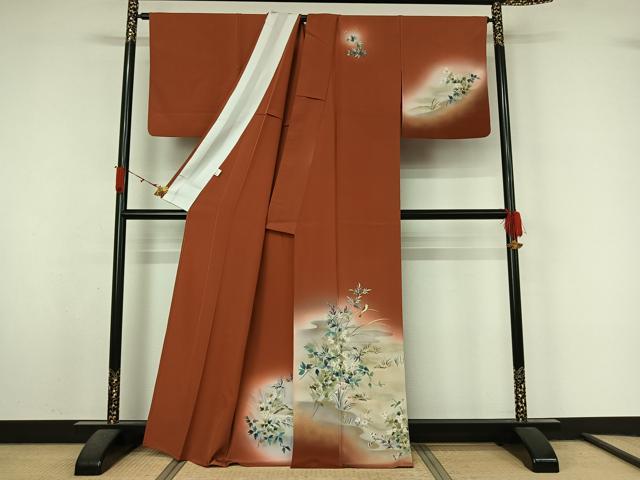 平和屋着物▽訪問着　単衣　手描き　流水花鳥文　暈し染め　金彩　正絹　逸品　AABL3941jh