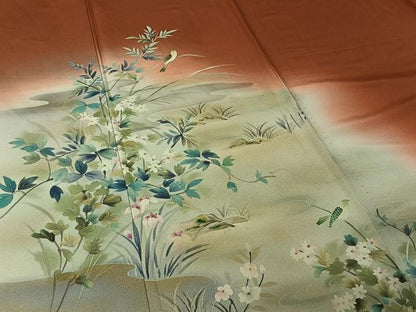 平和屋着物▽訪問着　単衣　手描き　流水花鳥文　暈し染め　金彩　正絹　逸品　AABL3941jh