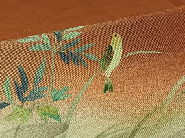 平和屋着物▽訪問着　単衣　手描き　流水花鳥文　暈し染め　金彩　正絹　逸品　AABL3941jh
