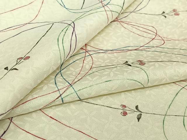 平和屋着物▽上質な小紋　単衣　手描き　さくらんぼ　正絹　逸品　AABL3942jh