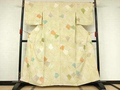 平和屋着物▽上質な小紋　単衣　地紋起こし　幾何学文様　正絹　逸品　AABL3947jh