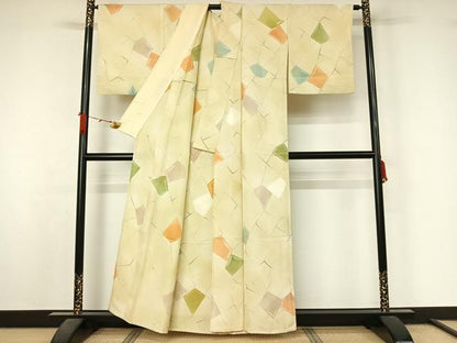 平和屋着物▽上質な小紋　単衣　地紋起こし　幾何学文様　正絹　逸品　AABL3947jh
