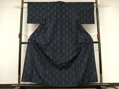 平和屋着物▽上質な紬　単衣　麻の葉文様　正絹　逸品　AABL3950jh