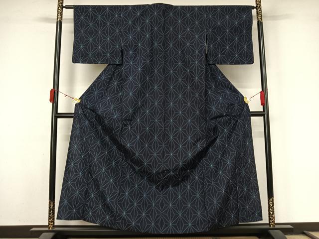 平和屋着物▽上質な紬　単衣　麻の葉文様　正絹　逸品　AABL3950jh