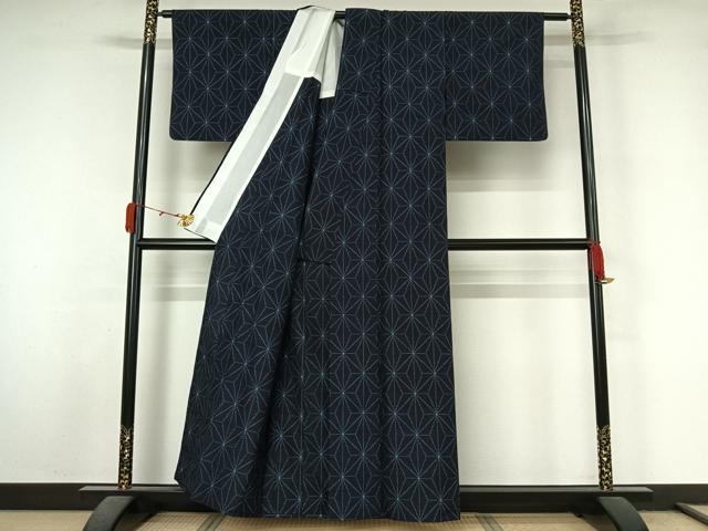 平和屋着物▽上質な紬　単衣　麻の葉文様　正絹　逸品　AABL3950jh
