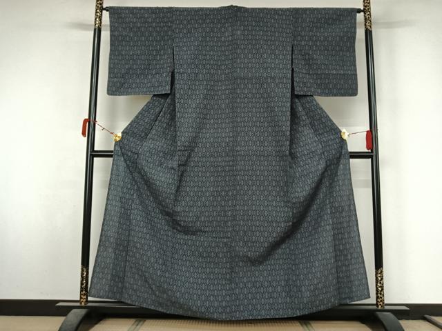平和屋着物▽お召　単衣　幾何学文様　正絹　逸品　AABL3952jh