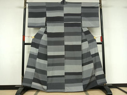 平和屋着物▽お召　単衣　横段文　正絹　逸品　AABL3955jh
