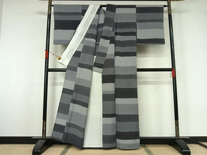 平和屋着物▽お召　単衣　横段文　正絹　逸品　AABL3955jh