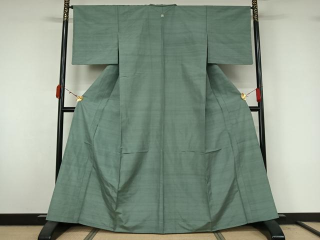 平和屋着物▽上質な紬　単衣　薄青色　正絹　逸品　AABL3956jh
