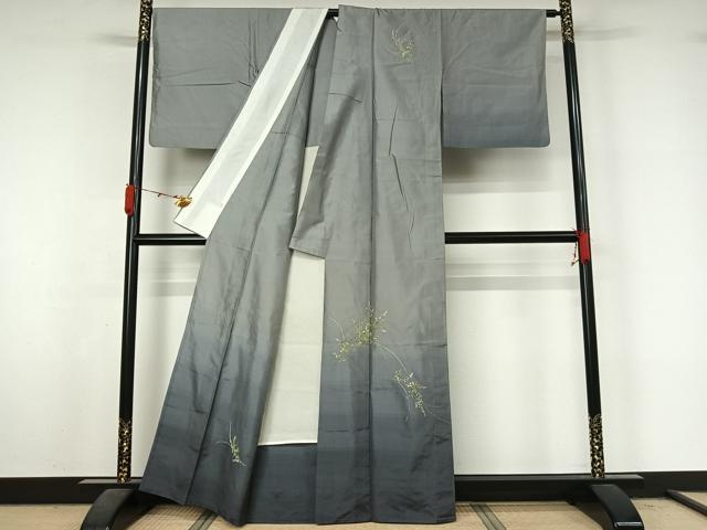 平和屋着物▽訪問着　単衣　紬地　総刺繍　草花文　暈し染め　正絹　逸品　AABL3957jh