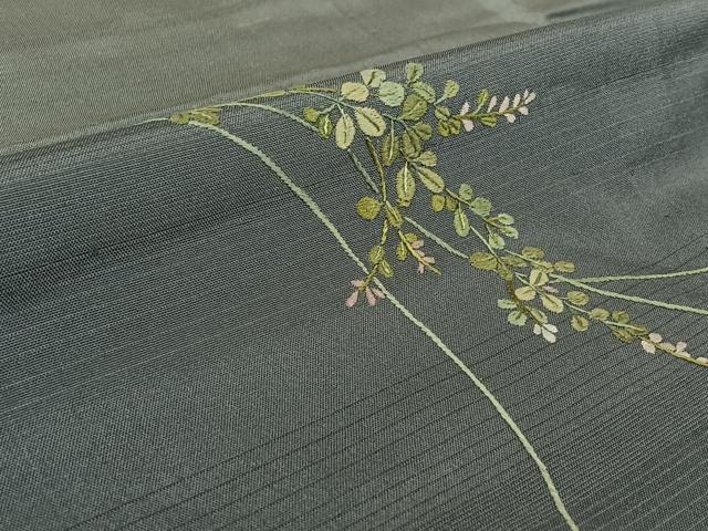 平和屋着物▽訪問着　単衣　紬地　総刺繍　草花文　暈し染め　正絹　逸品　AABL3957jh