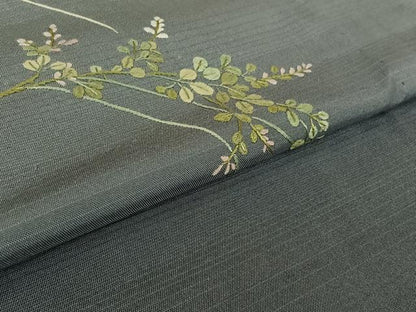 平和屋着物▽訪問着　単衣　紬地　総刺繍　草花文　暈し染め　正絹　逸品　AABL3957jh