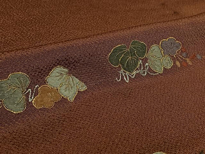 平和屋着物▽訪問着　単衣　駒刺繍　花唐草文　金糸　鬼しぼ縮緬　正絹　逸品　AABL3961jh