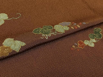 平和屋着物▽訪問着　単衣　駒刺繍　花唐草文　金糸　鬼しぼ縮緬　正絹　逸品　AABL3961jh