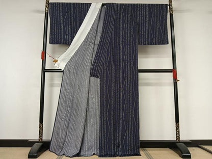 平和屋着物▽上質な小紋　単衣　変わり縞　正絹　逸品　AABL3963jh